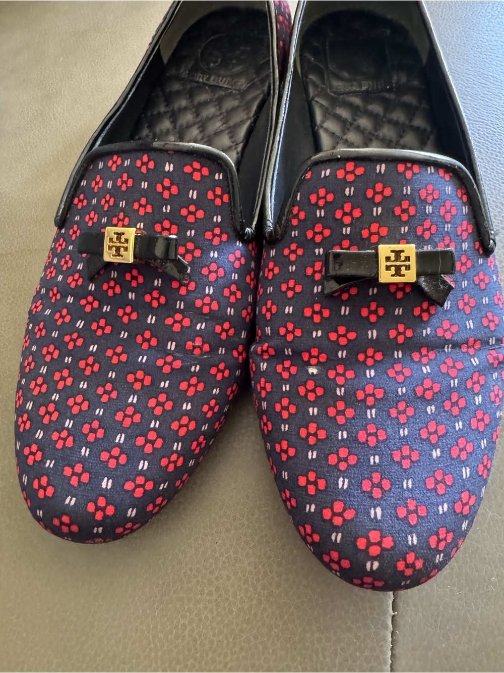 Tory Burch Navy Floral-Print Loafers with Gold Logo Accent